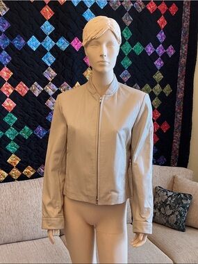 Nine West Light Beige Leather Zip Bomber Jacket